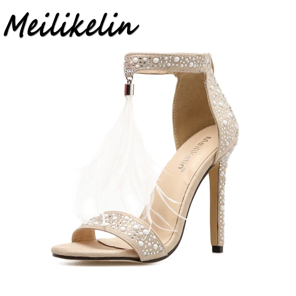 

Meilikelin 2018 Summer Women High heels Sandals Woman Shoes Pumps Ladies Fashion Sexy Party Crystal bead Fur Stilettos Sandals