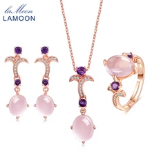 LAMOON Flower 100 Natural Gemstone Oval Rose Quartz 925 Sterling Silver Jewelry Jewelry Set V025 1