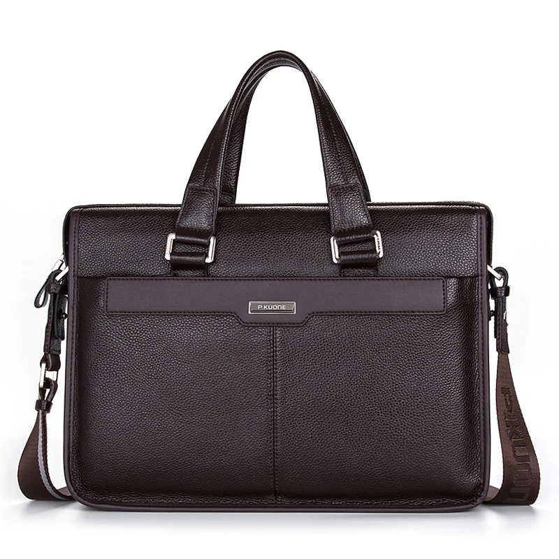 P. KUONE брендовая мужская сумка из натуральной кожи 1" и 15" дюймов, сумка для ноутбука, официальные сумки, модные деловые портфели - Цвет: Big brown 15 inch