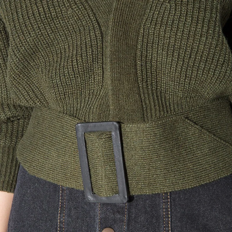  HYH HAOYIHUI 2018 Fashion Knitted Sweater Women Solid Army Green Loose Casual Belt Cardigans V-Neck