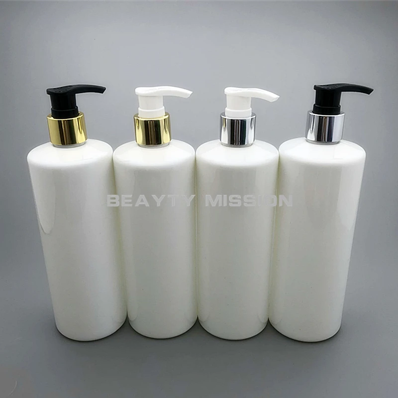 

500ml 12pcs empty white plastic lotion shampoo bottle , 500cc cosmetic container with gold/silver electrified aluminum dispenser