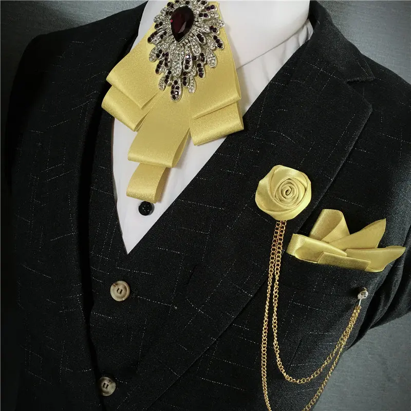 Мужская лента галстук-бабочка набор ручной работы жених свадебная рубашка кристалл галстук Стразы носовые платки с бантиком Брошь с цепочкой карман квадратный - Цвет: Bow Tie Set 3PCS