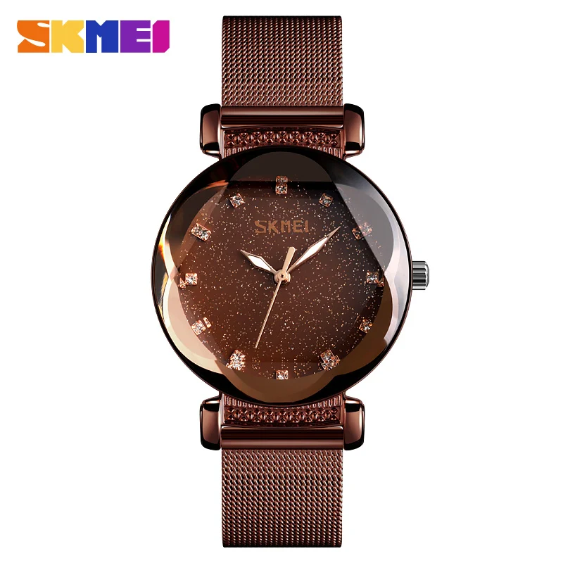 SKMEI Fashion Casual Ladies Watch Women Quartz Wristwatches Stainless Steel Wristband Waterproof Quartz Watches reloj mujer 9188 - Цвет: Coffee steel belt