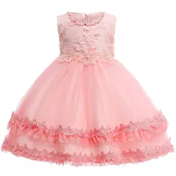 Розничная продажа, платье для девочек с цветочной аппликацией и жемчужным вырезом, Элегантное нарядное розовое платье с цветочным узором