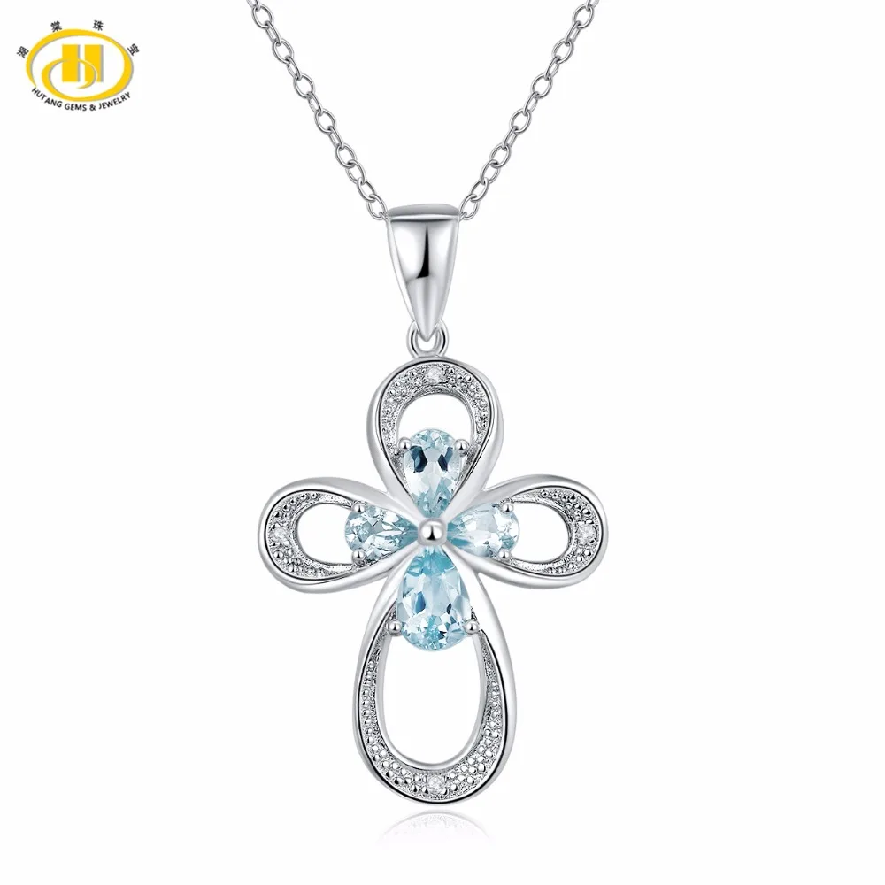 

Hutang Diamond Jewelry Natural Gemstone Aquamarine Crosss Pendant Necklace Solid 925 Sterling Silver Fine Jewelry For Women New