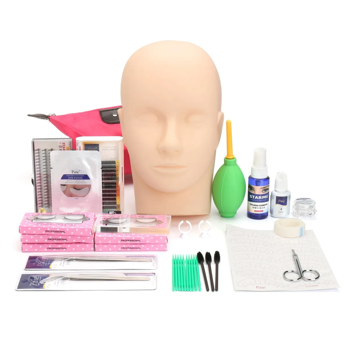 

36pcs Mannequin Training Head Eyelash Extension Practice Make Up Tool Kit with Case