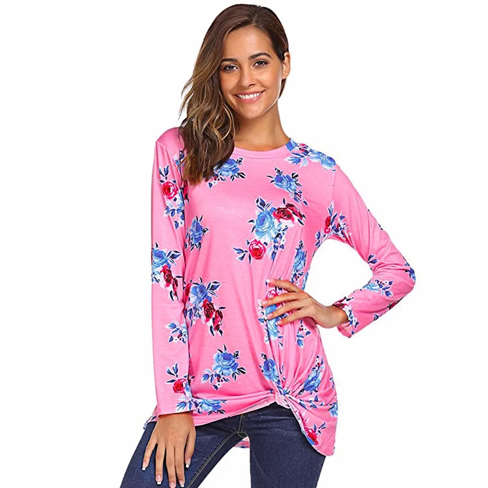 Ladies Long Sleeve Floral tShirts Women Autumn Casual Loose T Shirt Tops Girls Womens Crewneck