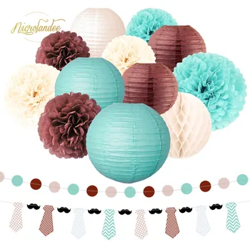 

NICROLANDEE 14 pcs/set Beige Coffee Gteen Paper Lantern Flower Garland Set Moustache Tie Father's Day Party Decoration DIY