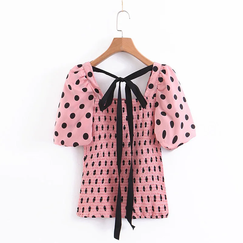 

pink dot women sexy crop tops bow tie elastic pleated shirts short style puff sleeve blouse female streetwear chic tops blusas