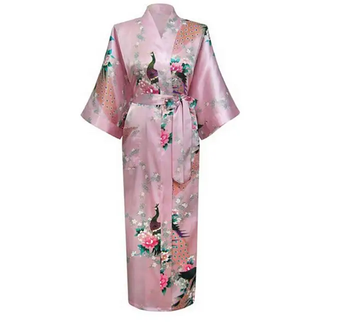 Размера Плюс XXXL женские шелковые атласные халаты сексуальный длинный халат винтажное кимоно три четверти Ночное платье цветочный NR023 - Цвет: Pink Long