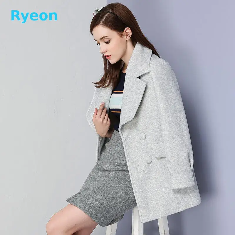 2016 Ryeon Высокое Качество отложным Воротником Двойной Брестед Широкий Талия Зима