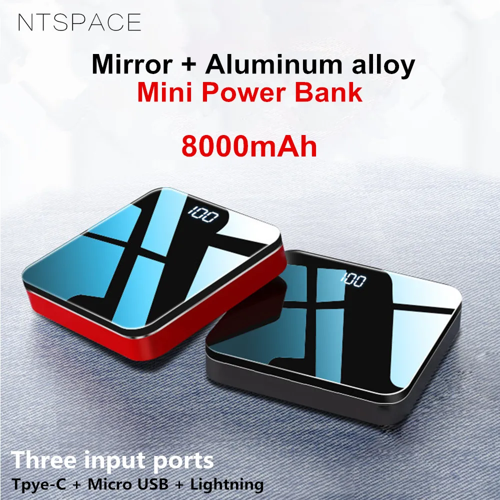 

8000mAh UV Mirror Aluminium Alloy Portable Mini Power Bank 2.1A Fast Charging Dual USB Mini Powerbank Quick Charging Treasure