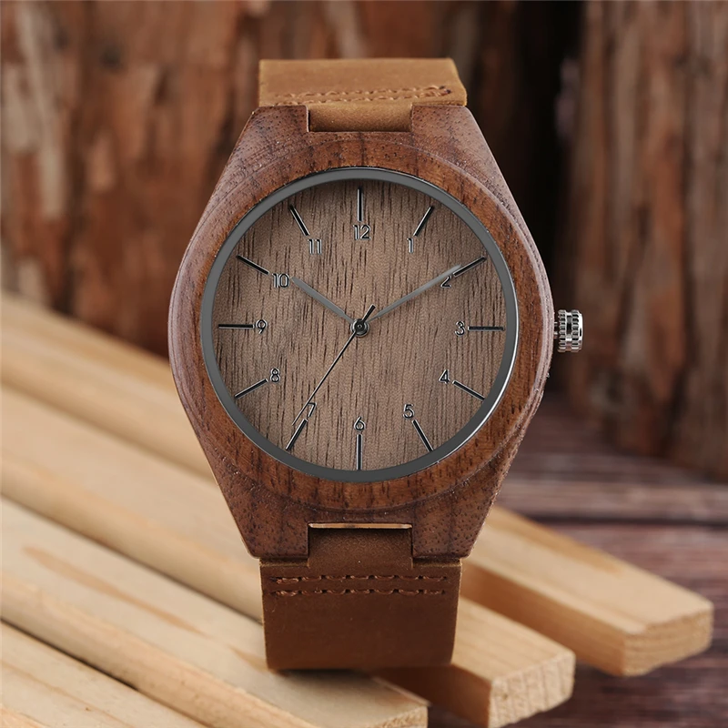 Изысканные простые числа Дизайн Кварц Деревянные часы Высокое качество Ebony Орех Деревянный из натуральной кожи часы подарок для Для мужчин