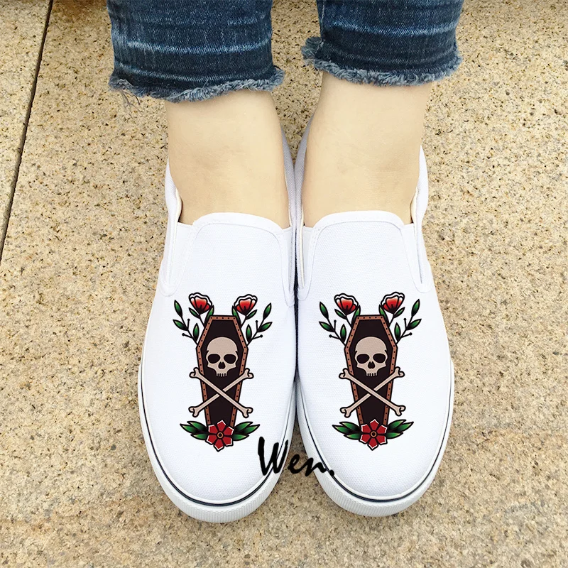 

Wen Men Women White Canvas Sneakers Skull Flower Death Coffin Original Design Low Slip on Sport Shoes Platform Espadrilles Flat