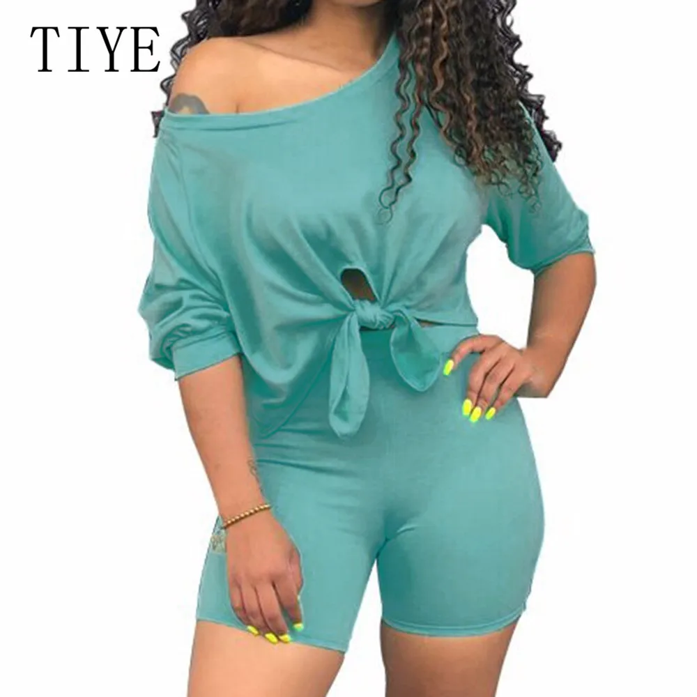 TIYE Two Pieces Sets Off Shoulder Short Sleeve Crop Top and Slim Pants Summer Hollow Out Casual Go Out Playsuits Plus Size XXL - Цвет: Cyan