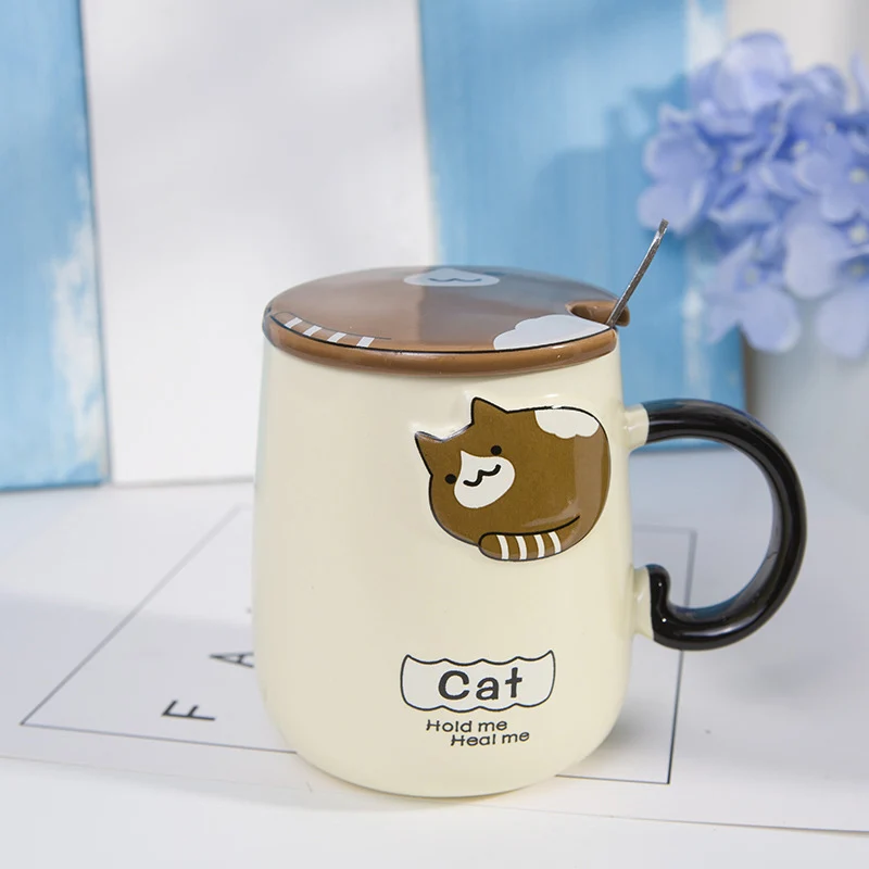 Креативная керамическая кофейная чайная чашка с рисунком кота, термостойкая рельефная кружка с милым животным, молочная кружка, 450 мл, с ручкой, ложка, офисный подарок - Цвет: Коричневый