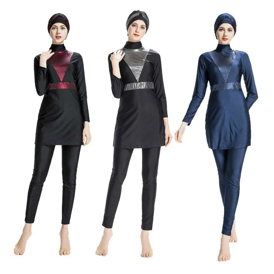 

2019 Modest Muslim Swimwear Women Islam Three Pieces Full Cover Plus Size Islamic Swim Wear Long Sleeve Hijab Beachwear Swimsuit