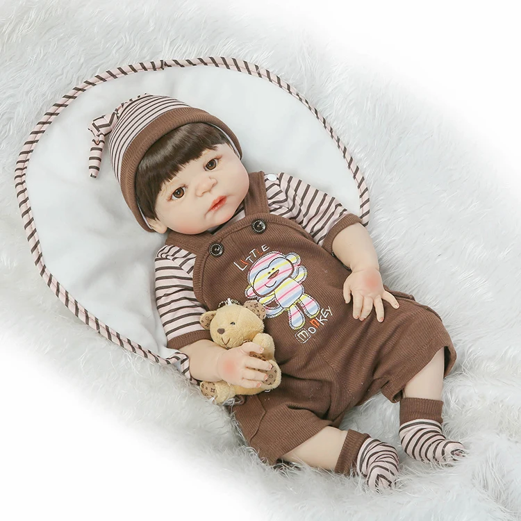 23 &quotполный Силиконовый Reborn Baby Boy куклы коричневый парик волос Магнитный рот