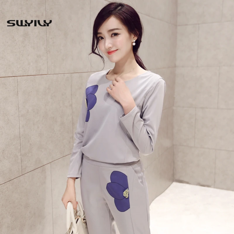 Plus Size 3XL Professional Suit Women 2015 Autumn Printed Fashion Leisure Trousers 2 Piece Set Women Beading Set Clothing