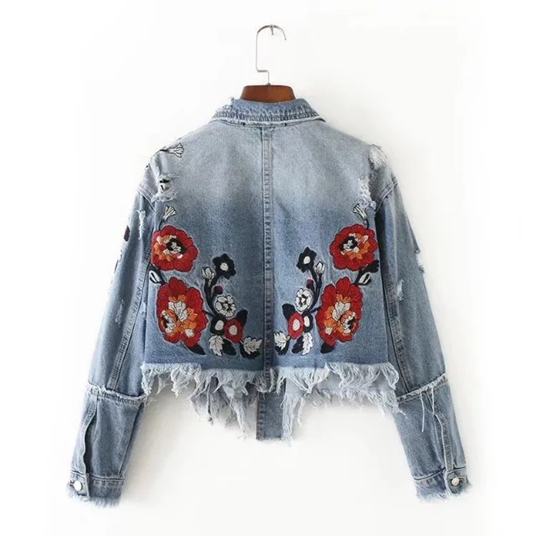 

Back Foral Embroidery Woman Jeans Jacket Long Sleeve Shorts Women Loose Outwear Coat Ladies Jaqueta TOP Pocket Casual Frayed