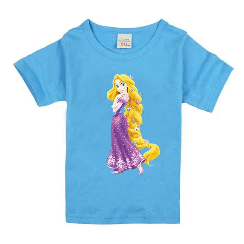 Новинка года; Детские футболки принцессы с короткими рукавами и длинными волосами; летняя хлопковая Футболка с принтом для девочек; топы; детская футболка