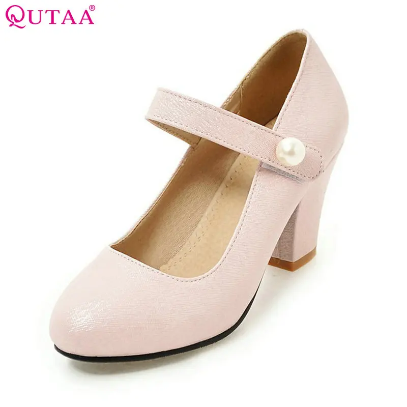 

QUTAA 2017 Women Pumps Summer Ladies Shoe Square High Heel Beading Round Toe PU Leather Woman Wedding Shoes Size 34-43