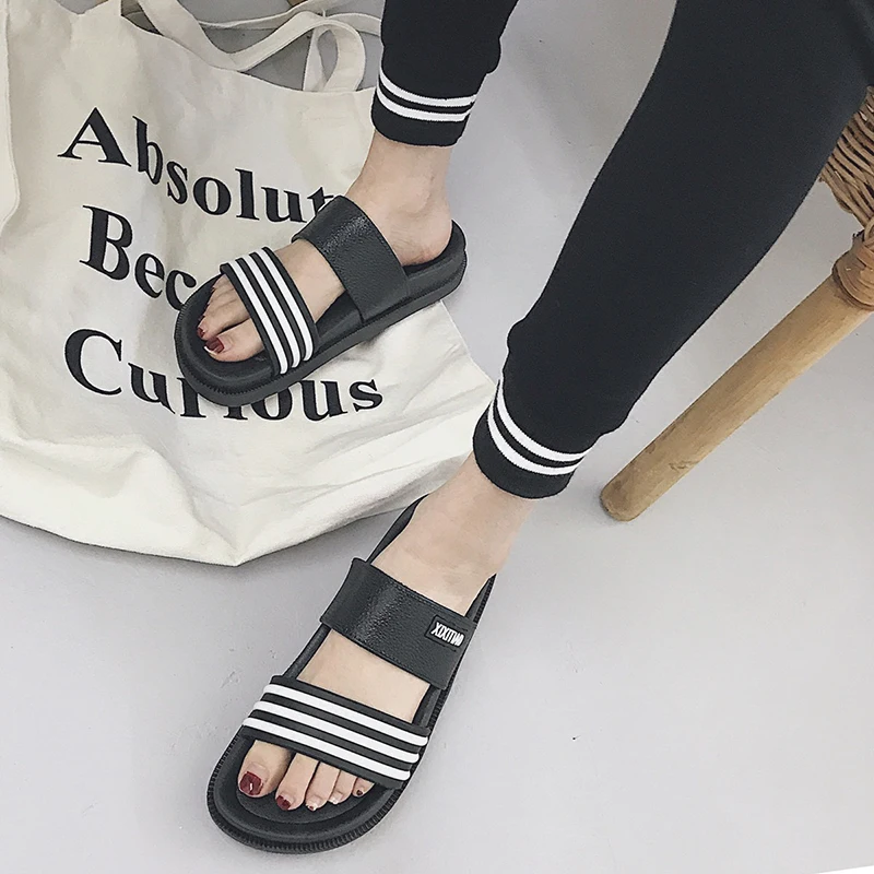 

Roman brand striped two band gladiator sandals woman summer trend open toe muffin slippers 2018 classic men/women slides shoes
