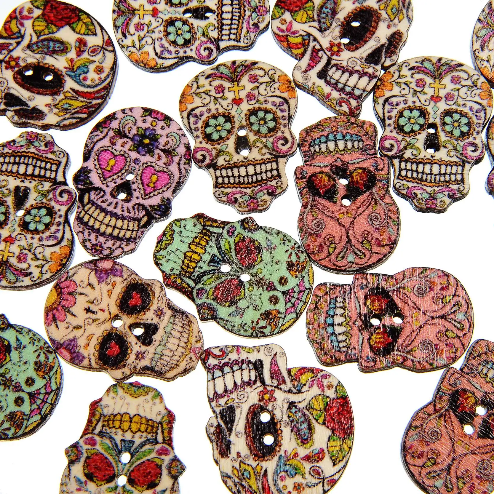 

50pcs 2 Holes Mixed Skull Painted Natural Decorative Wooden Buttons For Sewing Scrapbooking Crafts Buttons Decoration Buttons