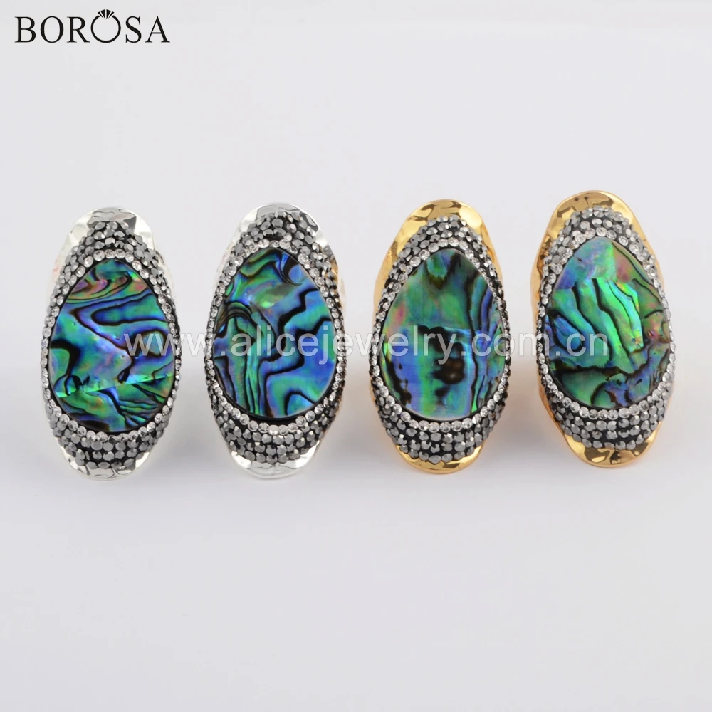 BOROSA, 5 шт., высокое качество, каплевидное золото/серебро, гальваническое покрытие, кристалл и стразы, проложенный натуральный Абалон, кольцо, ювелирные изделия JAB960
