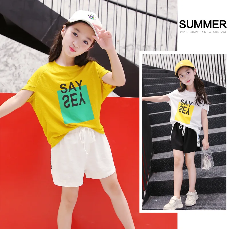 

2018 summer girls t-shirt kids clothes cotton yellow white casual children top