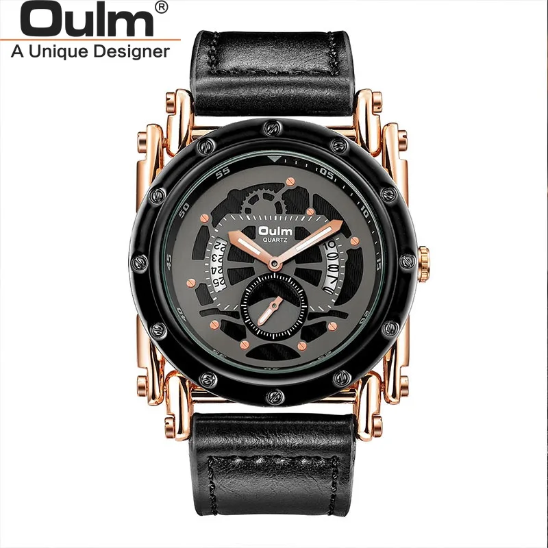 Oulm стиль часы для мужчин повседневное календарь кварцевые часы мужской уникальный дизайн Роскошные мужские кожаные Наручные часы relogio masculino - Цвет: Розовый