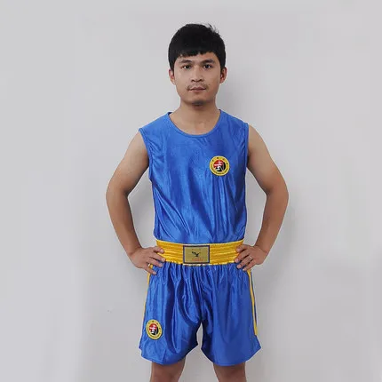 Sanda костюм для ушу-саньда sanda wushu соревнования одежда для выступлений тайского бокса тренировочная одежда с короткими рукавами. Футболка+ шорты - Цвет: Синий