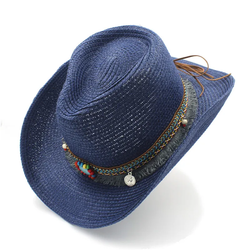 Для женщин Для мужчин летние Соломенные Ковбойские шляпа с Roll Up широкими полями Джаз Dad Hat кисточкой сомбреро Защита от солнца Hat - Цвет: Dark Blue