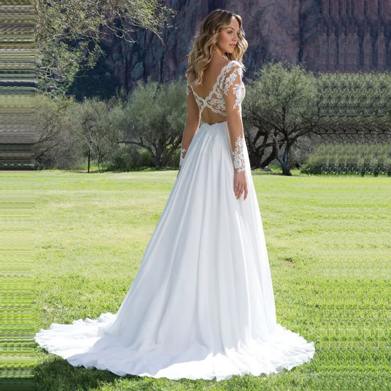 

Eightale Vintage Wedding Dress Long Sleeve V-Neck Appliques Lace A-Line Tulle Bridal Dress Wedding Gown Boho Free Shipping 2019