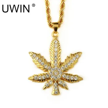 

UWIN Men Hip hop Jewelry Gold Maple Leaf Pendant Stainless steel Gold Color Lced Out Full Rhinestone Metal Pendant Necklace