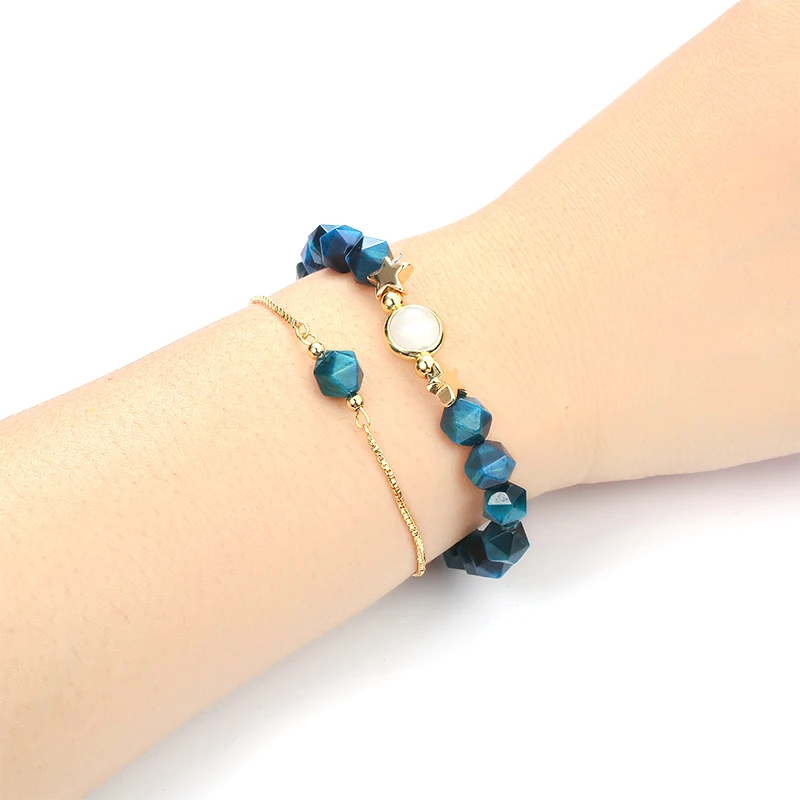 

2 Pcs/set Natural Stone Bracelets High Quality colorful Fox's eye Polyhedral Beads Elasticity Rope Bracelets for women jewel