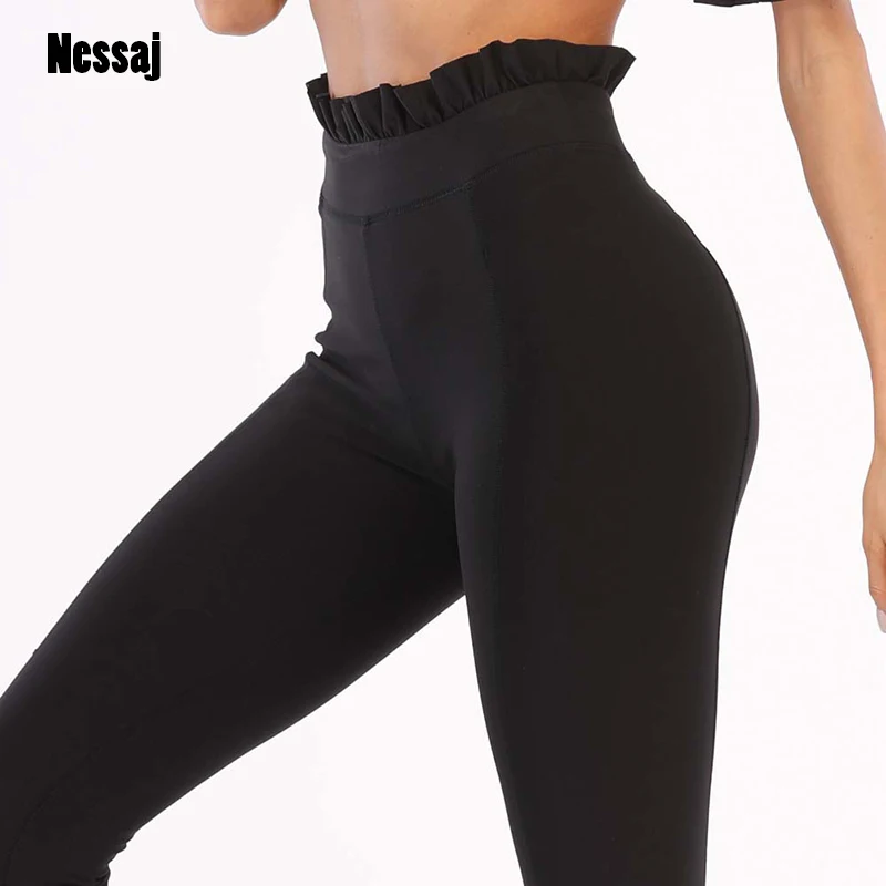 

Nessaj Fashion Ruffle Women Leggings High Waist Casual Pants Long Trousers Athleisure Joggings Workout Slim Black Leggings