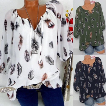 

New Women Loose V-neck Chiffon Blouse Casual Feather Pattern Tops Beach Blouses Shirt Plus Size