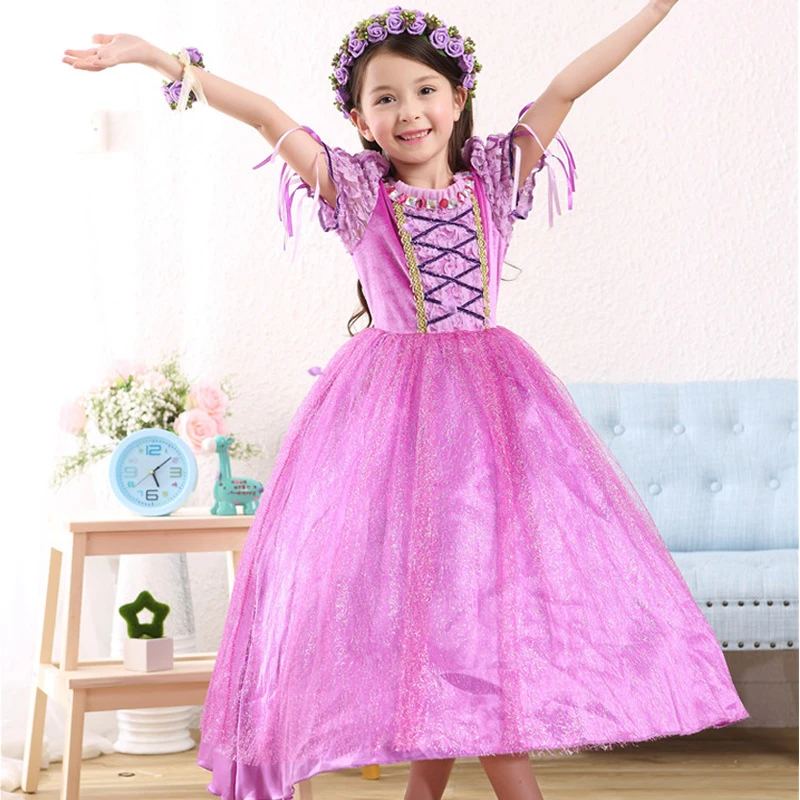 

2017 Rapunzel Cosplay Dress Children Girls Long Hair Princess Dress Halloween Costume Clothes Kids Clothing with Sleeves Garland