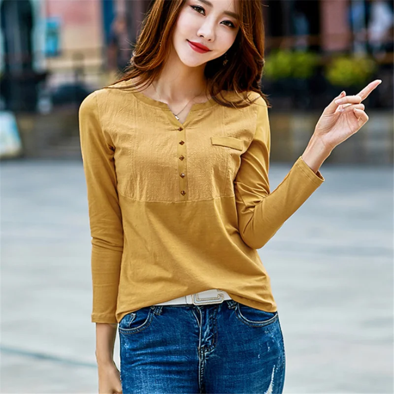 

Spring autumn yellow tees 2019 button T-Shirt Women Long Sleeve Woman Tshirt Top Womens Clothing T Shirt Femme Camisetas Mujer