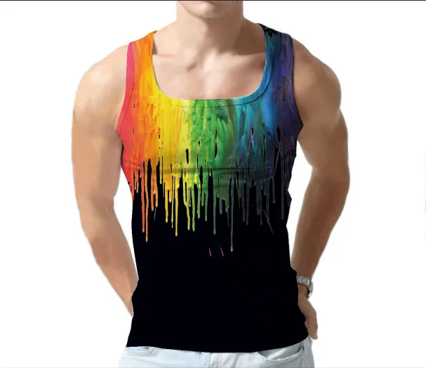 

Mens Summer Fitness Vest Harajuku 3D rainbow Print Underwaist Gym Tank Tops Cool Muscle Sleeveless Tees Workout Beach Holiday