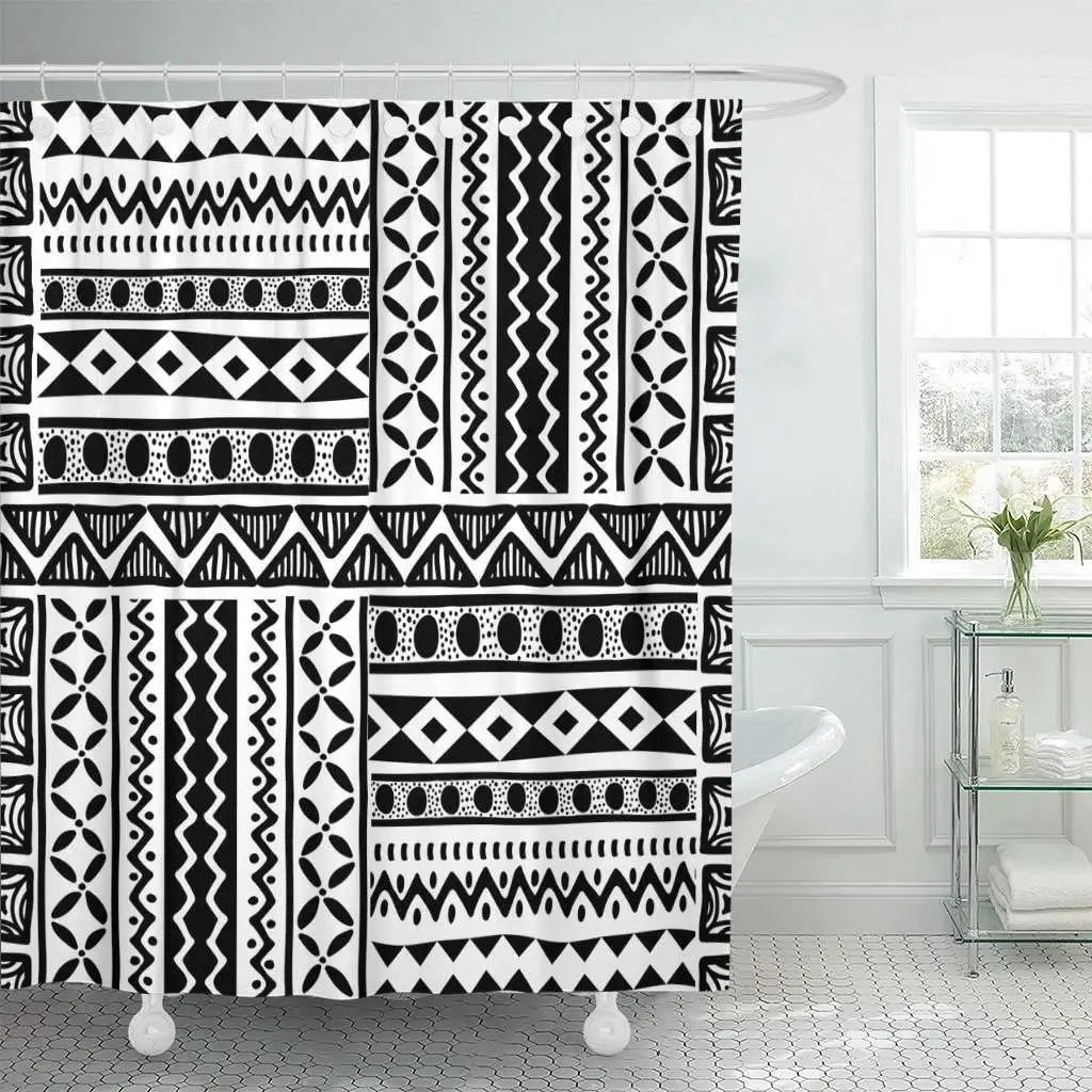 Shower Curtain with Hooks Abstract Black and White Tribal African