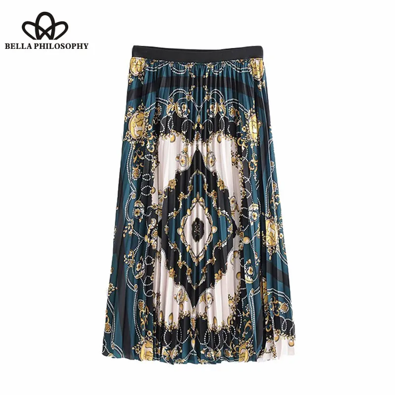 Wonder 2018 new Vintage Chic Chains Floral Print Pleated Midi Skirts Elastic Waist A Line Ladies Skirts Casual Faldas Mujer