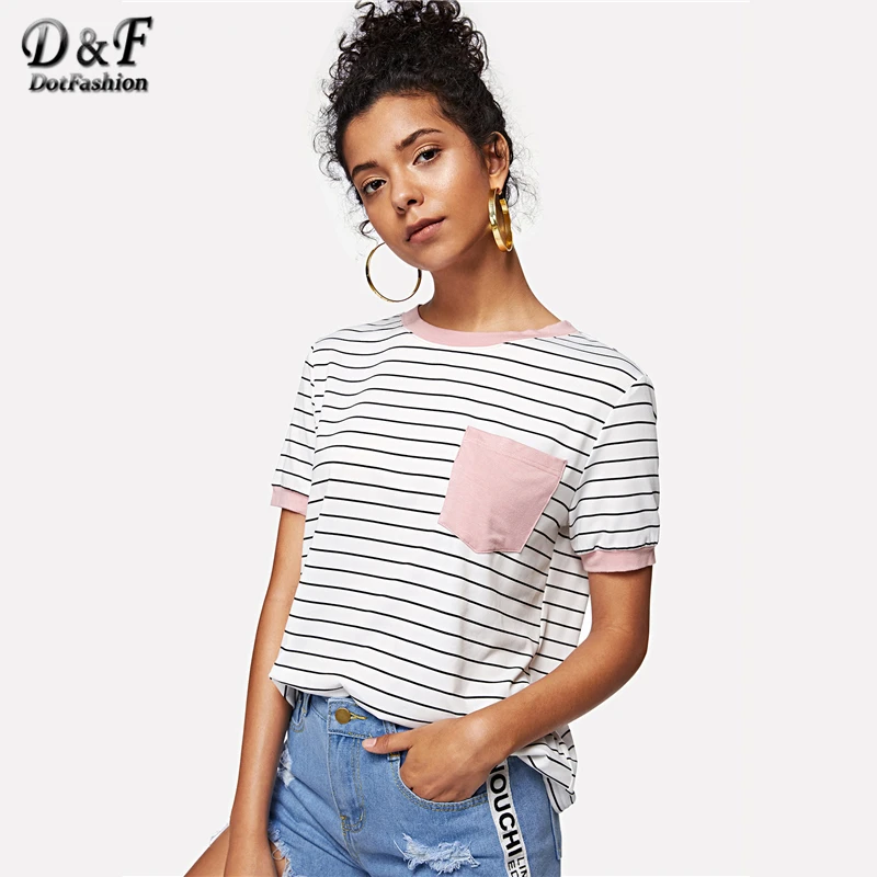 Dotfashion Colorblock Patch Pocket Striped Ringer Tee Girls Round Neck ...