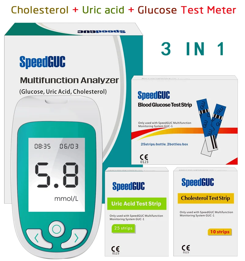 SpeedGUC Cholesterin Blutzucker 3In1 Test Kit Selbsttest Uric Meter TÜV 