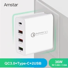 Amstar 36 Вт Quick Charge 3,0 USB Зарядное устройство Тип C благодаря зарядному устройству QC 3,0 4 Порты и разъёмы адаптер для iPhone samsung huawei Xiaomi дорожное настенное зарядное Зарядное устройство