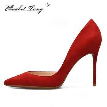 

ElisabetTang Red Wedding Shoes Black High Heels Flock Leather D'Orsay Pumps Women Shoes Nude High Heels Party Shoes Size 32-46