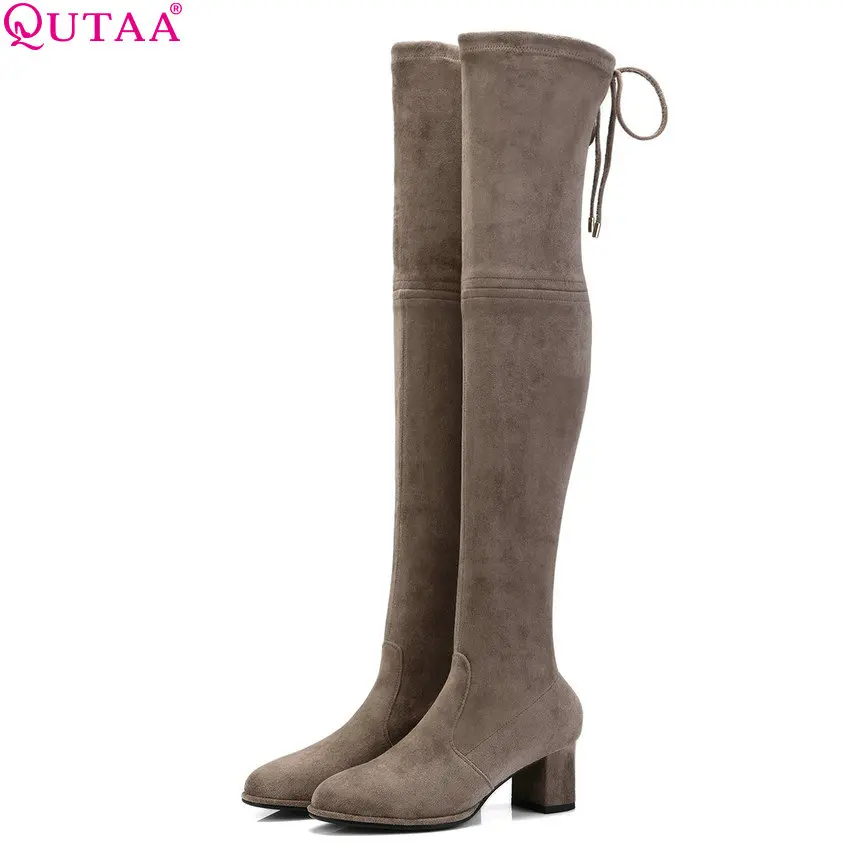 

QUTAA 2019 Women Over The Knee High Boots Platform Square High Heel Pointed Toe Flock Winter Shoes Woman Boots Big Size 34-43