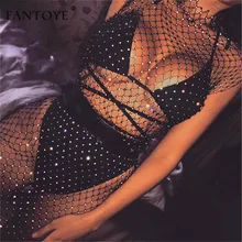 Fantoye sexy cristal diamante vestido feminino oco para fora strass bodycon vestido verão malha fishnet beach wear 2021 festa vestidos