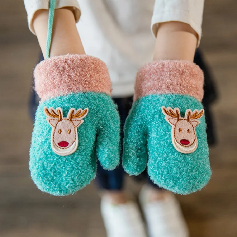 Детские зимние теплые варежки, плюшевые толстые кашемировые вязаные перчатки с изображением оленя